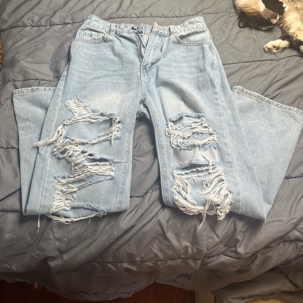 SHEIN Light Blue Distressed Boyfriend Jeans